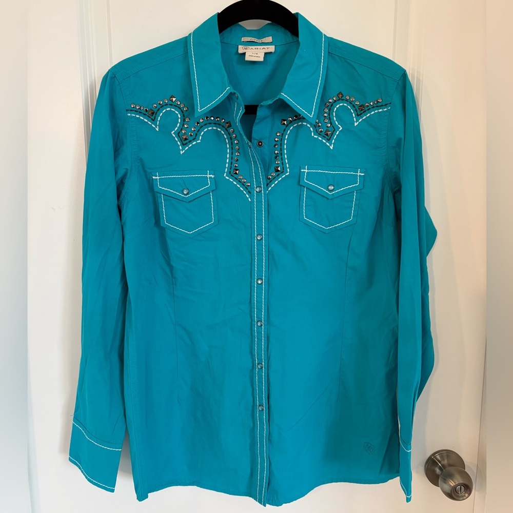 Ariat Women's Fitted Turquois Blue L Pearl Snaps Silver Embellishment Shirt
